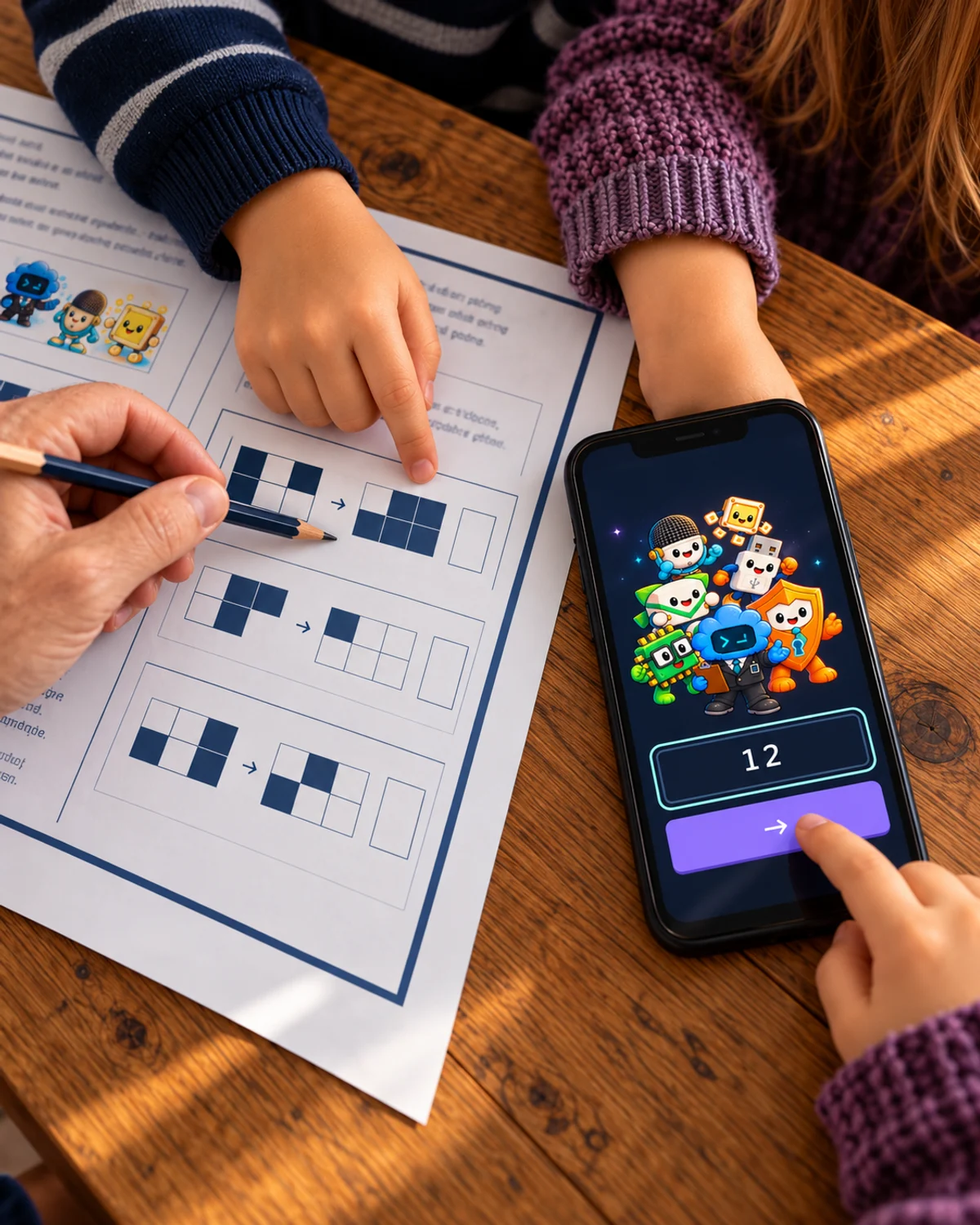 Ilustračná scéna: deti s rodičom opravujú papierové pixelové vzory a zadávajú čiastočný kód do spoločného mobilu